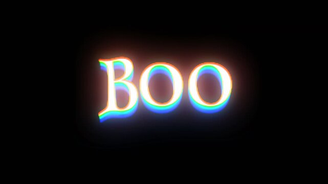 Colorful glowing text animation with the words "Trick or Boo," featuring a neon effect on a dark background. Perfect for Halloween intros, spooky party invitations, creepy video openers