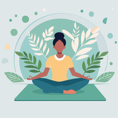 Peaceful woman meditating in a lotus yoga pose surrounded by leaves for mental health and wellness concept