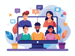 Diverse team collaborating remotely on a computer screen engaging in a virtual meeting