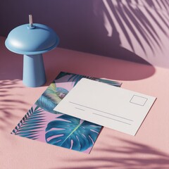 Serene scene Blue lamp, palm shadow & postcard atop a pink surface. Vibrant leaves peek from beneath, creating a tranquil composition