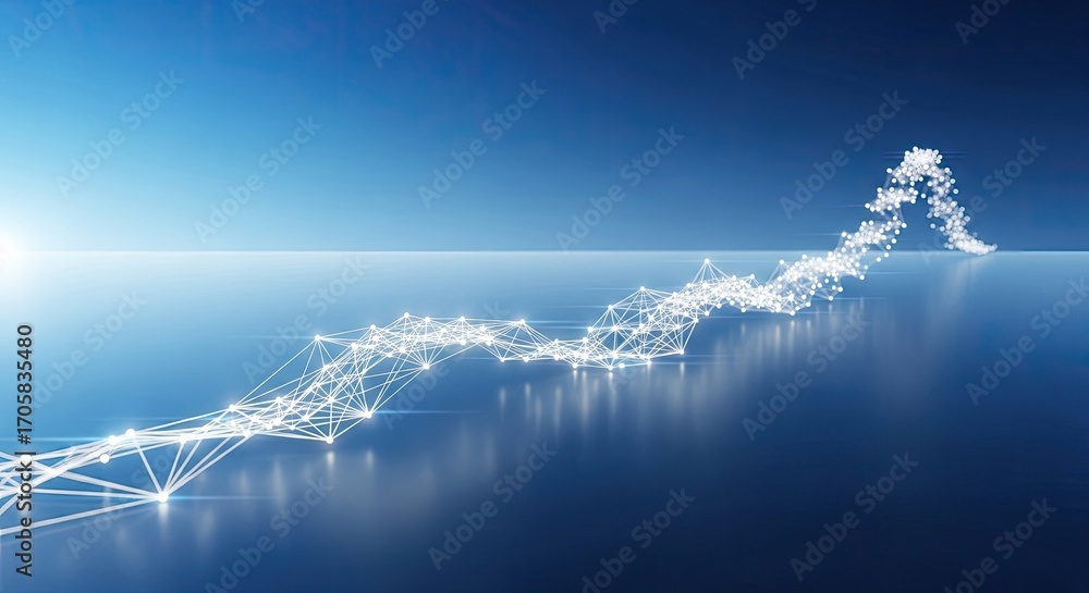 Poster white connected dots on blue background glowing network data visualization