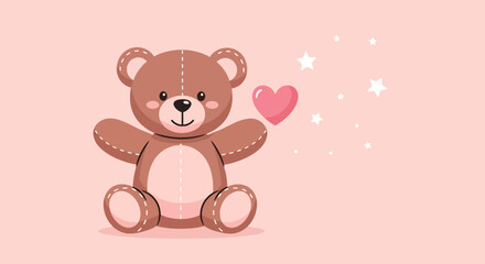 Obraz premium Affectionate Teddy Bear Presenting a Heart Amidst Sparkling Starbursts of Sweetness