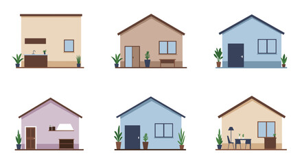 Flat style minimalist house facades set with various color schemes