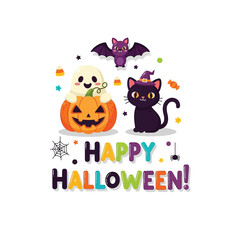 Cute Happy Halloween Spooky Skeleton Pumpkin Trick or Treat Skull and Bat Illustration
