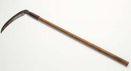 Antique agricultural tool with curved blade and wooden handle