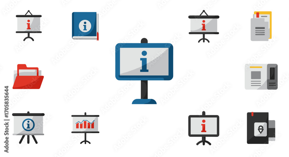 Poster flat style info icons with presentation elements and book folder graphics