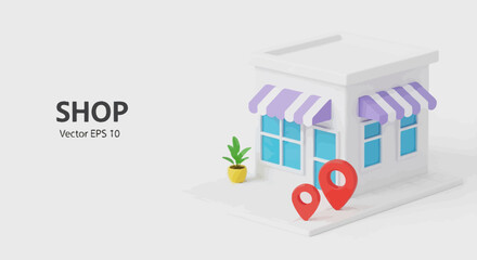 Obraz premium Charming storefront with location pins, representing a small business or retail destination.