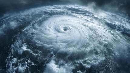 A dramatic, wide-angle shot of a powerful hurricane churning in the ocean