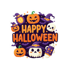 Cute Happy Halloween Spooky Skeleton Pumpkin Trick or Treat Skull and Bat Illustration