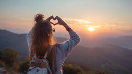 A woman forms a heart shape with her hands while watching the sunrise over a scenic mountain landscape filled with mist and trees