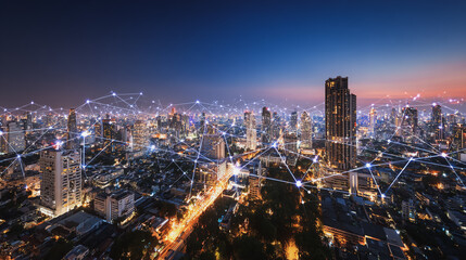 Twilight in the Smart digital Innovation city with connection network reciprocity over the cityscape. of future smart wireless digital city and social media networking systems that connects people
