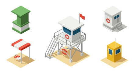 Isometric beach lifeguard towers and booths set with minimalist design