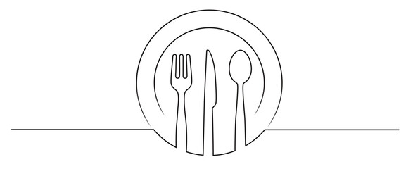 Continuous line art of tableware such as plates, spoons, forks, and knives. This icon is for a sticker, banner, or restaurant logo.