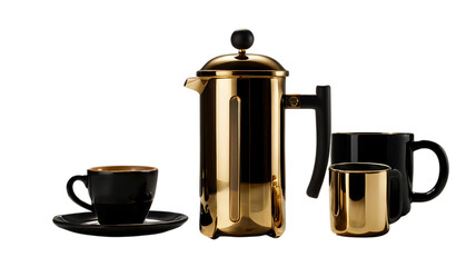 Golden French press coffee maker with glossy black mugs