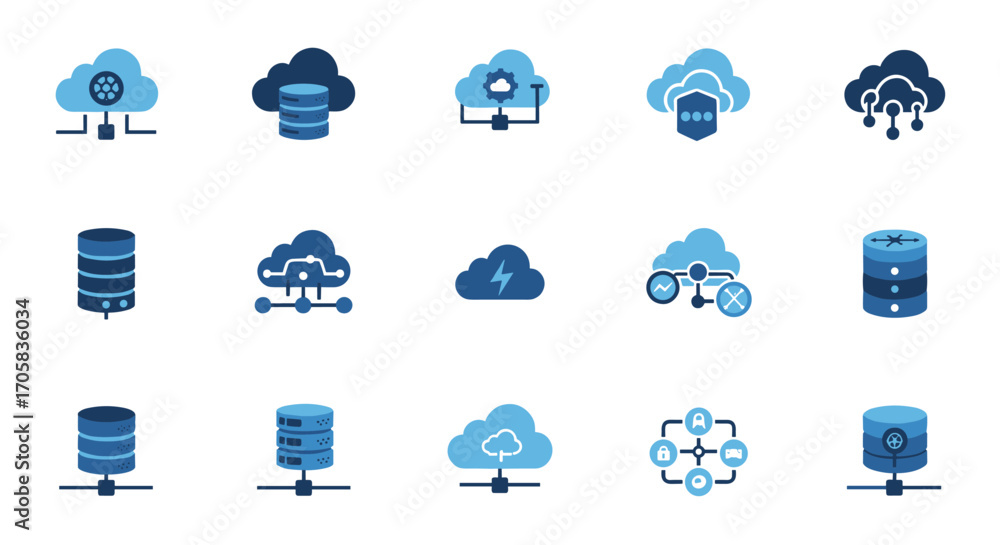 Poster cloud computing and data storage icons in flat style for digital technology and networking