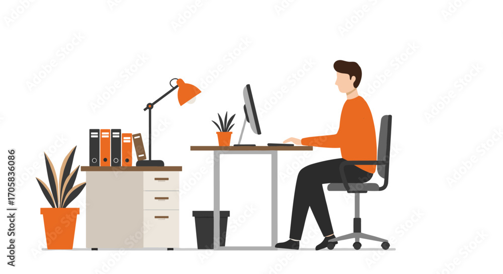 Poster office workspace with man working at desk in flat style
