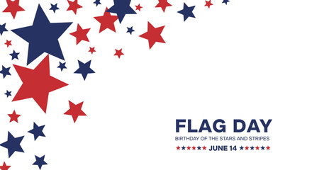 Red and blue stars scattered across a white background celebrating Flag Day