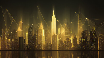 Fototapeta premium Twilight in the Smart digital Innovation city with connection network reciprocity over the cityscape. of future smart wireless digital city and social media networking systems that connects people