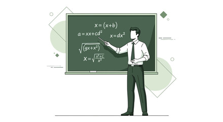 An Illustrated Educator Delivering Mathematical Concepts On A Classroom Teaching Board, Educating