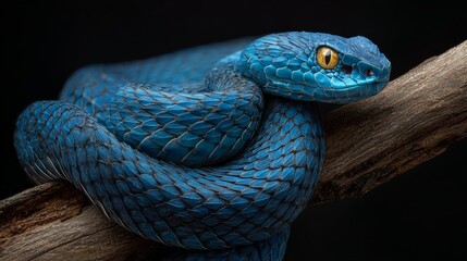 Fototapeta premium Blue snake elegantly coiled on a wooden branch, highlighting its glossy scales and captivating yellow eyes in a natural setting