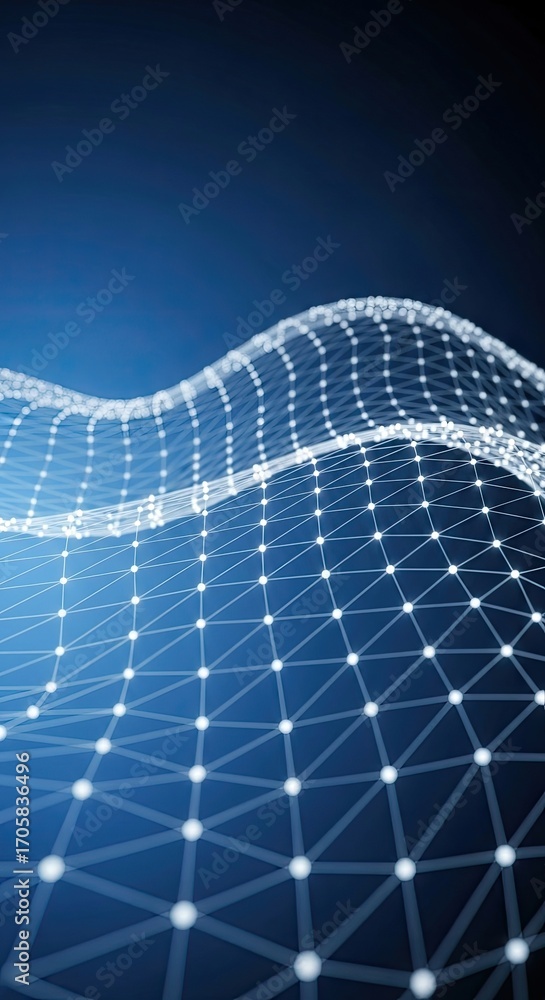 Poster wireframe network structure with glowing nodes on a gradient blue background