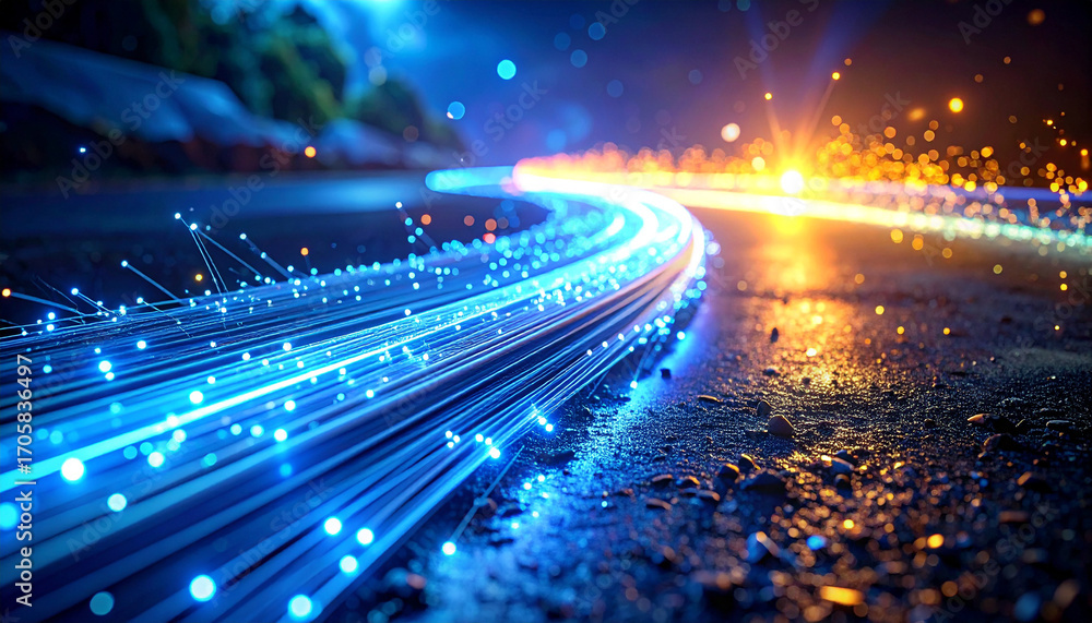 Poster digital data highway: a futuristic, visually striking image depicts a flowing stream of data, repres
