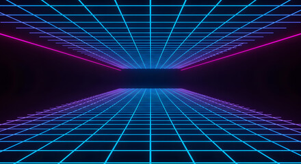 Abstract Neon Grid: A mesmerizing 3D rendered grid design showcasing a futuristic and technologically advanced aesthetic, perfect for conveying concepts like data, cyberspace and virtual reality. 