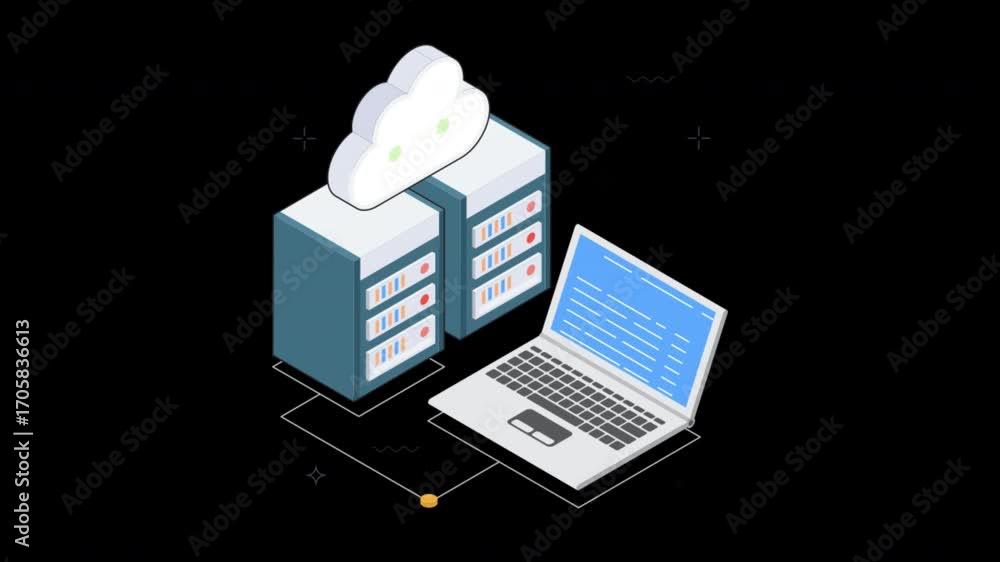 Poster multiple servers linked to cloud platform isometric animation alpha channel