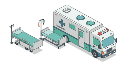 Isometric ambulance and hospital beds setup in modern healthcare illustration
