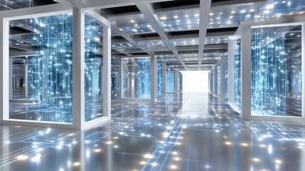 Obraz premium Futuristic Digital Data Corridor with Glowing Circuit Lines and Light