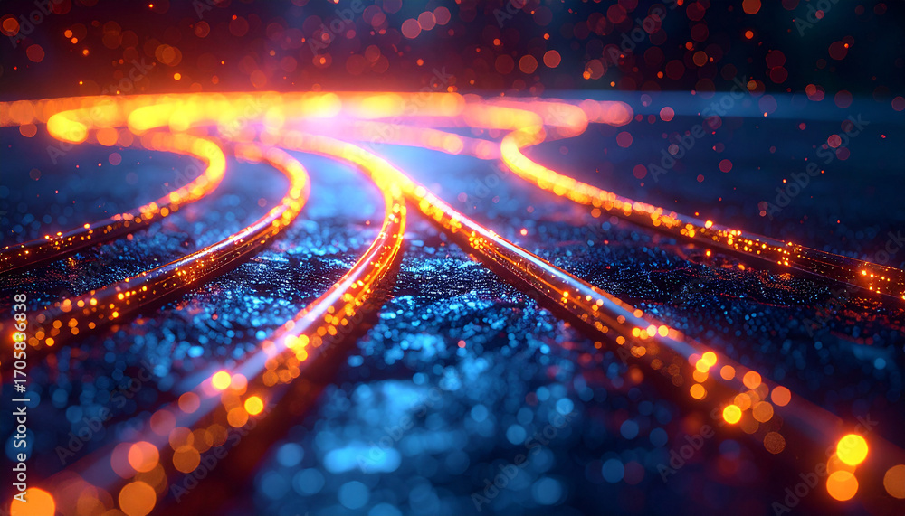 Poster illuminating data stream: close-up view of illuminated pathways of data flowing through digital netw
