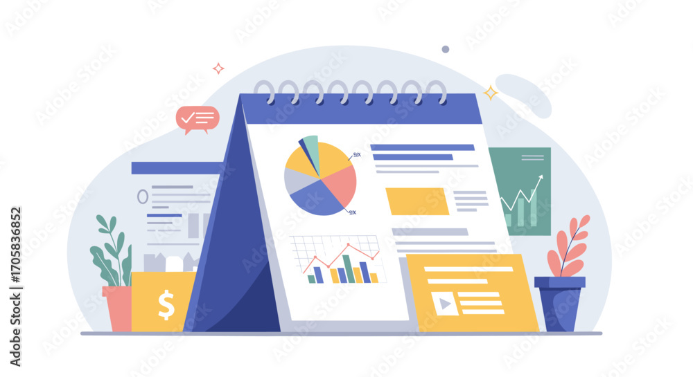 Poster business analysis concept with charts and graphs in flat design on desk