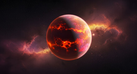 Celestial Inferno: A vibrant visualization of a fiery planet burns intensely within the vast, dark cosmos, radiating with an otherworldly glow, capturing the essence of cosmic majesty and raw energy.