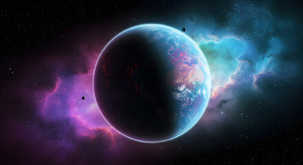 Obraz premium Celestial Sphere: A breathtaking view of a vibrant planet in space, illuminated by the ethereal glow of distant nebulas, offering a glimpse of the cosmic wonders.