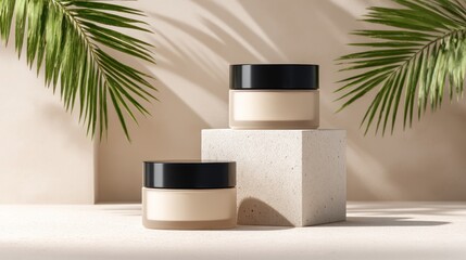 Two blank containers atop a cube, under a tropical palm frond casting dappled sunlight against a cream background, evoke beauty and elegance