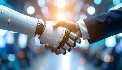 Handshake of the Future: A close-up shot captures a handshake between a human and a robotic hand, representing collaboration, innovation, and the technological advancement.