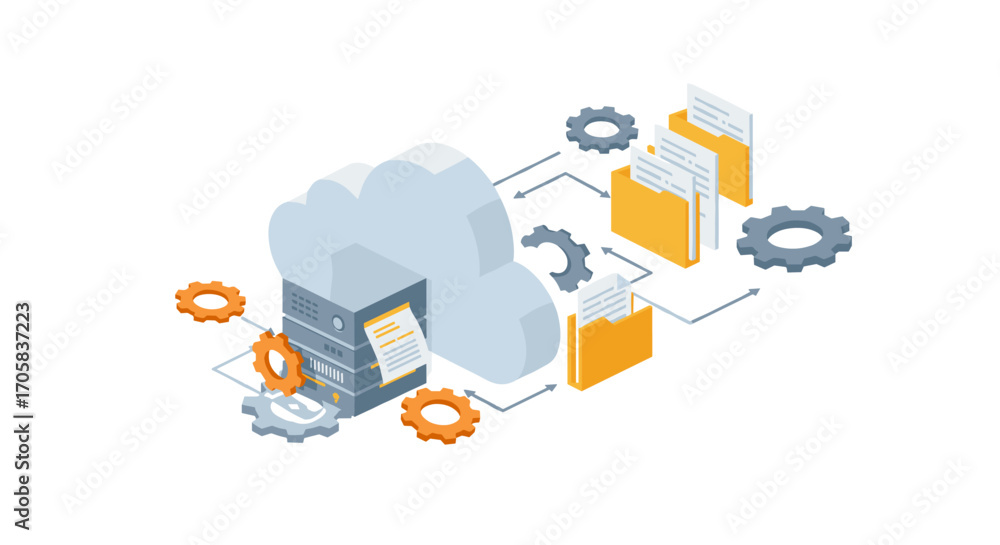 Poster isometric cloud computing and data storage concept with networked servers and folders