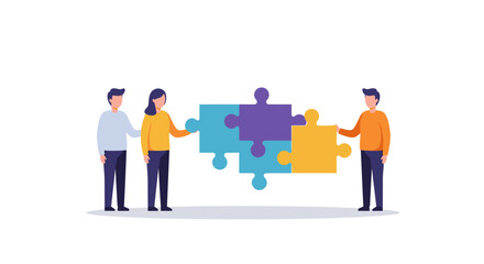 Collaborative teamwork concept with people connecting colorful puzzle pieces