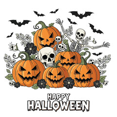 Cute Happy Halloween Spooky Skeleton Pumpkin Trick or Treat Skull and Bat Illustration