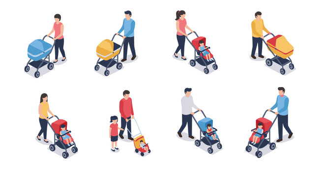 Isometric everyday life: parents and kids with strollers