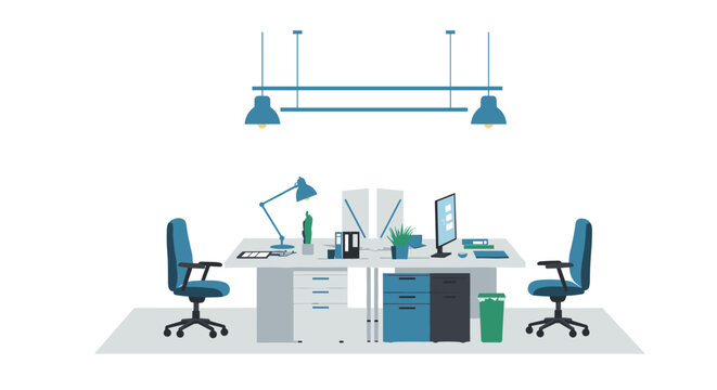 Modern office workspace with desks and chairs in a flat design