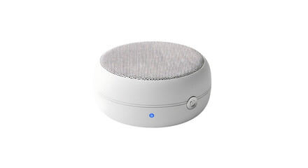 A stylish, round, white portable speaker with a textured fabric-like surface and a subtle light indicator.