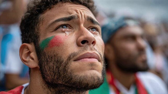 Passionate sports enthusiast with flag face paint observing match closely in arena