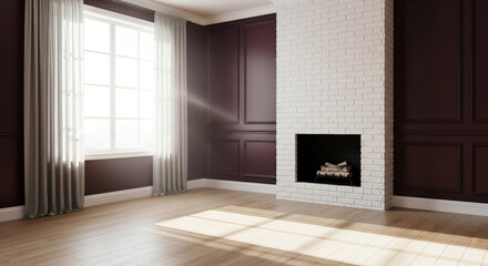 Fototapeta premium Cozy freshly painted modern interior room with a white brick fireplace, dark burgundy paneling, large window with curtains, and warm wooden floors bathed in sunlight.