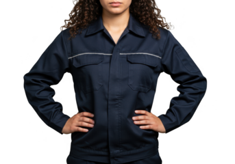 Confident young woman with curly brown hair wearing a dark blue work uniform full frontal view transparent background