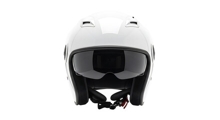 Fototapeta premium A pristine white motorcycle helmet with a dark visor is prominently displayed against a stark black background.