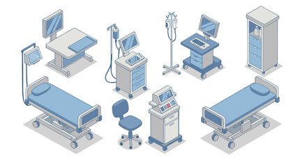 Isometric medical equipment collection featuring hospital bed and medical cart designs