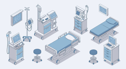 Fototapeta premium Modern isometric hospital equipment set in soft blue tones for medical and healthcare design