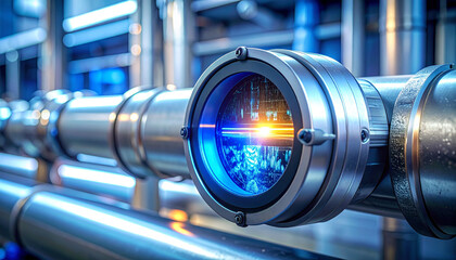 Industrial Vision: A close-up captures the intricate network of pipes and gauges within a state-of-the-art industrial plant. The cool.