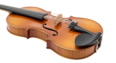 Fototapeta premium A polished wooden violin, rich golden-brown hue, rests diagonally on a black backdrop, showcasing its elegant curves and intricate details.